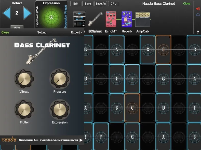 Naada Bass Clarinet controls in GeoShred Studio
