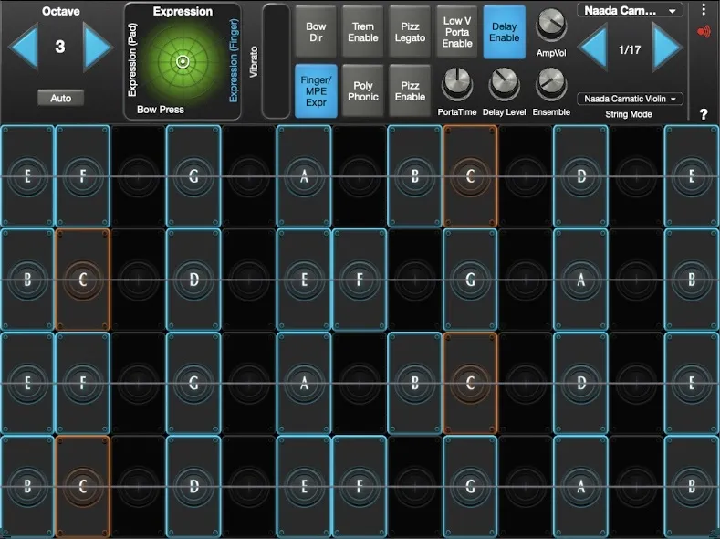Naada Carnatic Violin interface in GeoShred Studio