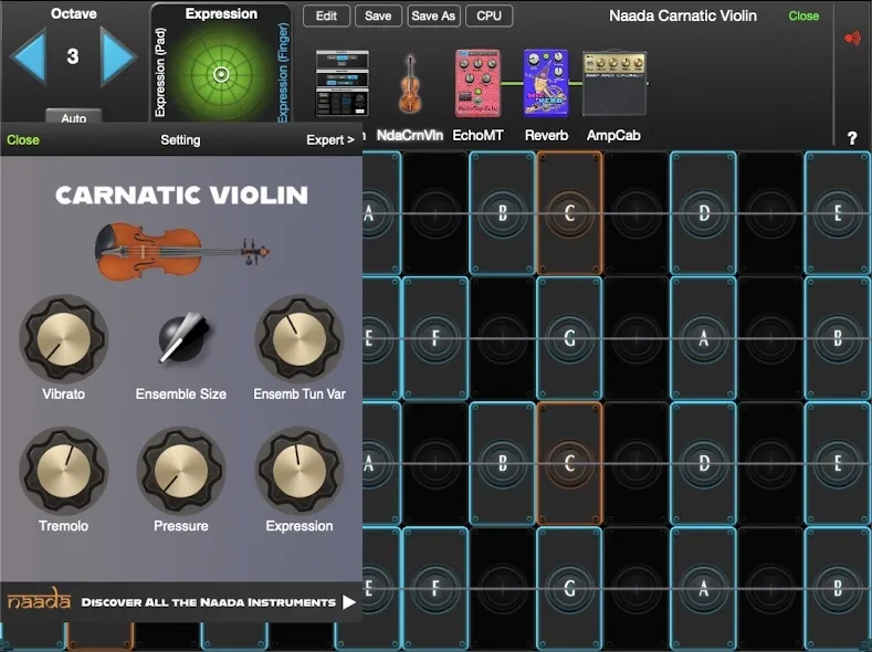 Naada Carnatic Violin controls in GeoShred Studio