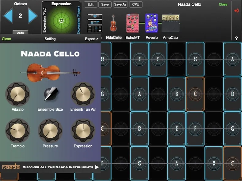 Naada Cello controls in GeoShred Studio