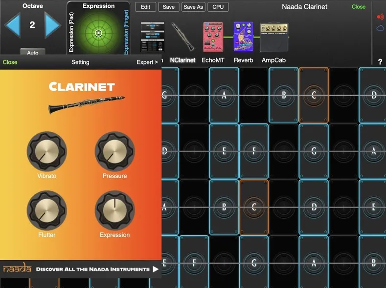 Naada Clarinet controls in GeoShred Studio