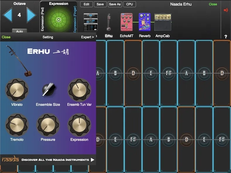 Naada Erhu controls in GeoShred Studio