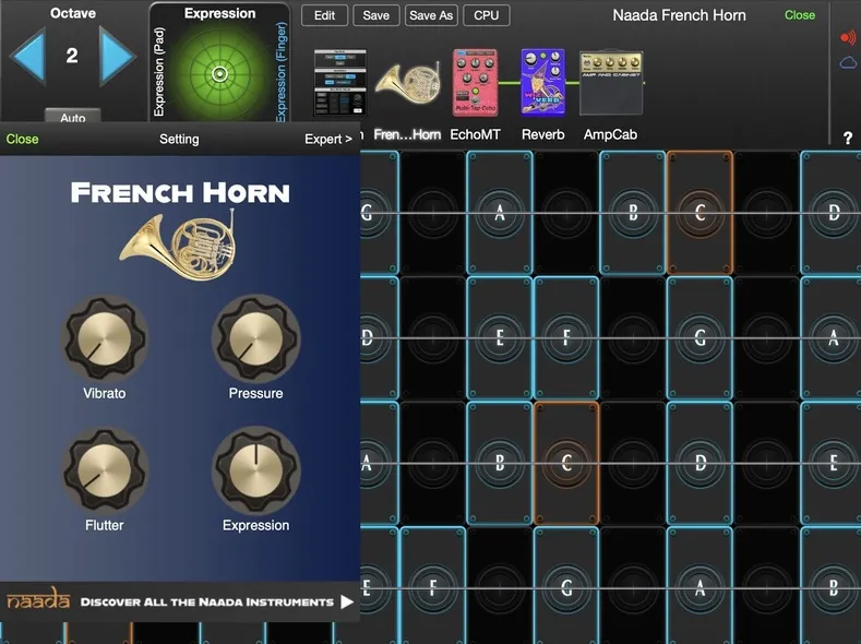 Naada French Horn controls in GeoShred Studio
