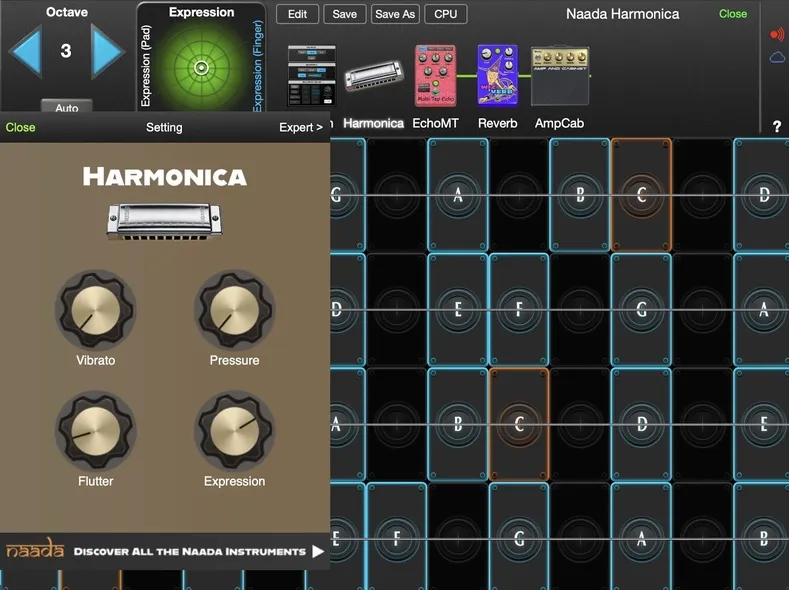 Naada Harmonica controls in GeoShred Studio