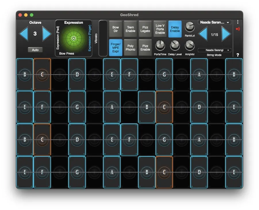 Naada Sarangi interface in GeoShred Studio