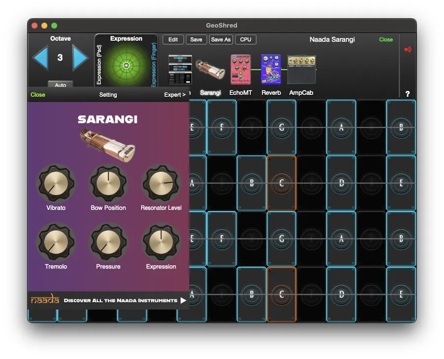 Naada Sarangi controls in GeoShred Studio