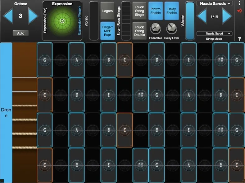 Naada Sarod interface in GeoShred Studio
