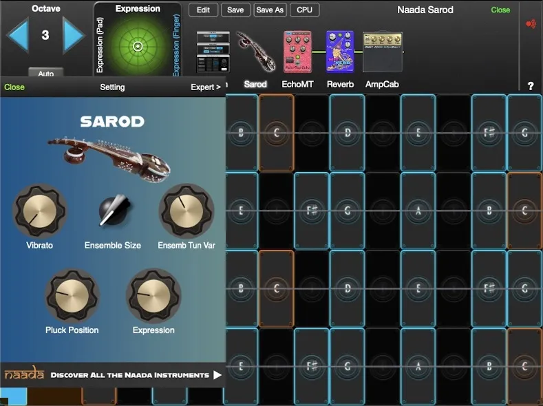 Naada Sarod controls in GeoShred Studio