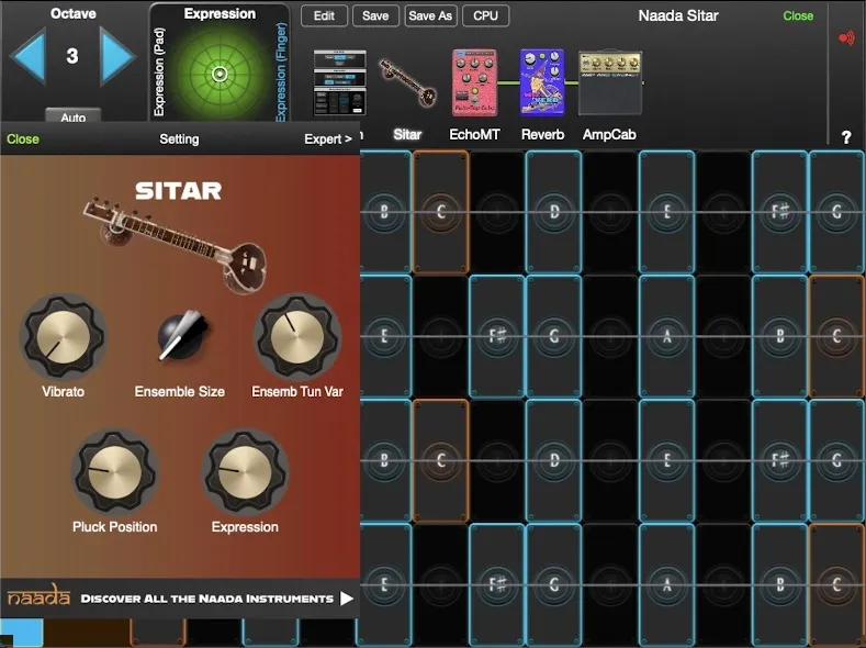 Naada Sitar controls in GeoShred Studio