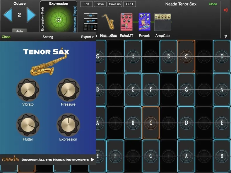 Naada Tenor Sax controls in GeoShred Studio