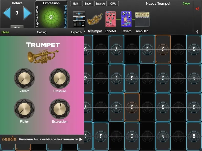 Naada Trumpet controls in GeoShred Studio