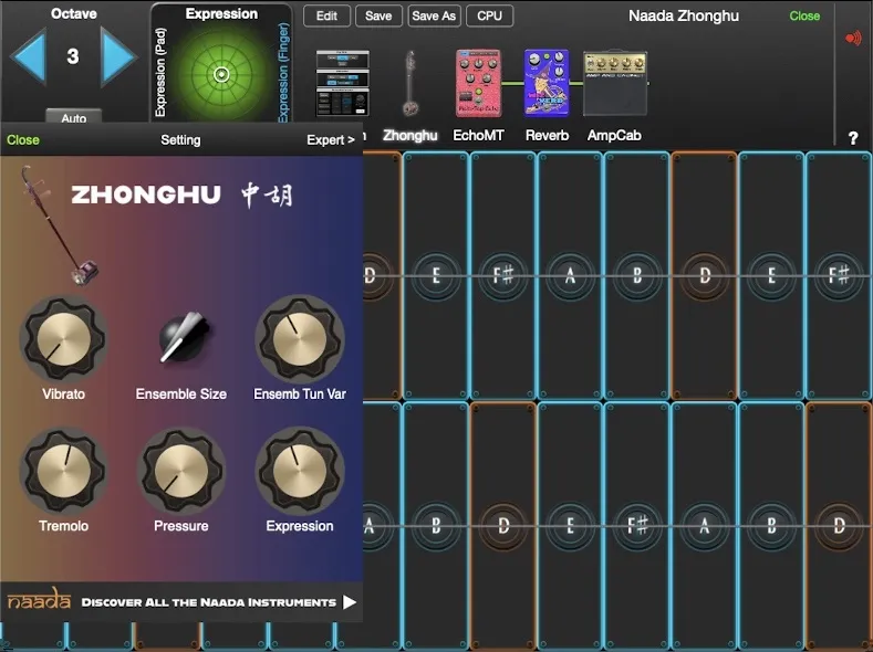 Naada Zhonghu controls in GeoShred Studio